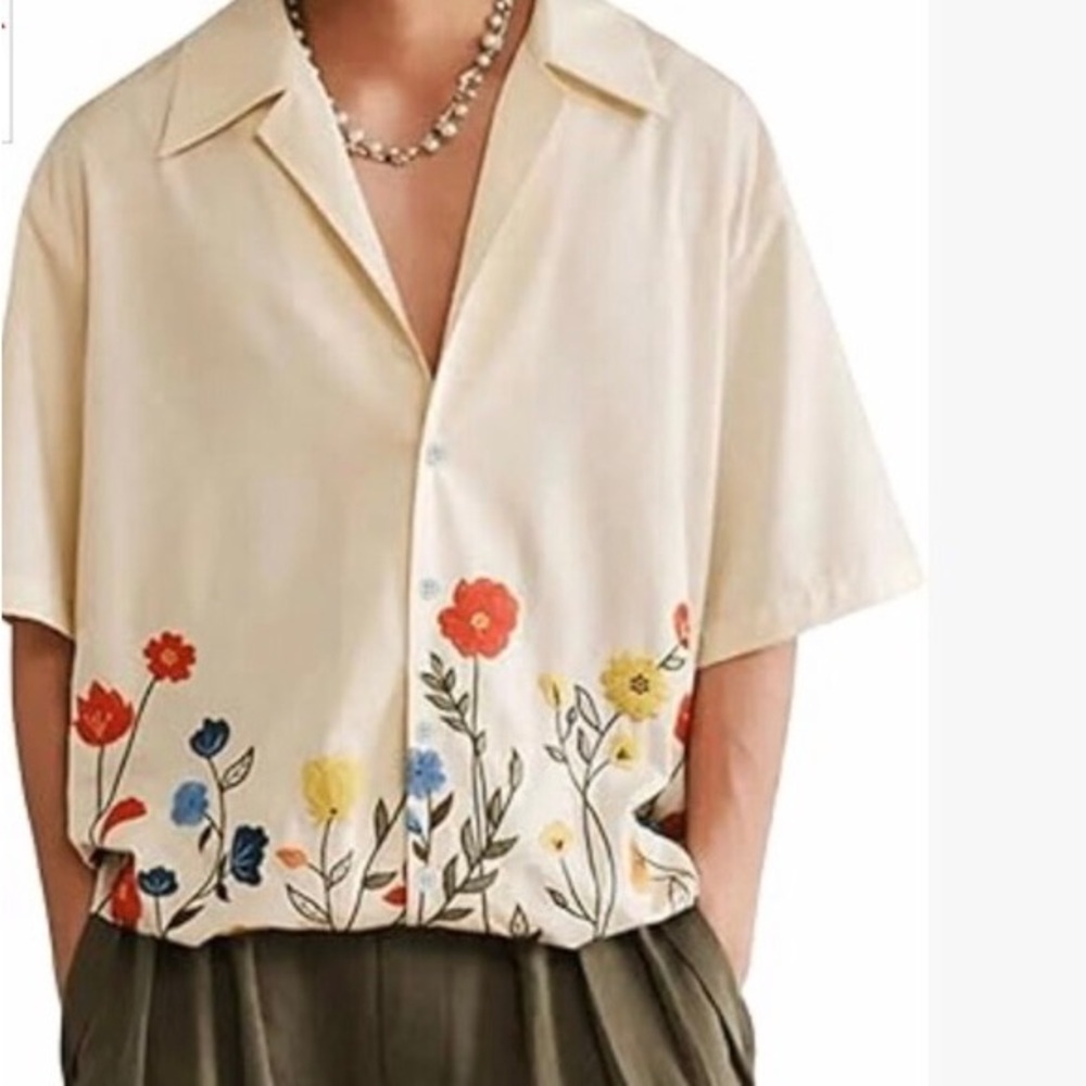 Men's Floral Short Sleeve Button Down Shirt Drop Shoulder Casual Beach